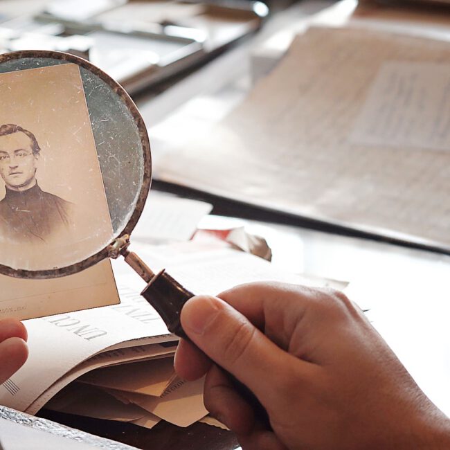 Hands holding a magnifying glass over an old, yellowed photograph on a desk with scattered papers and documents. // Manos sosteniendo una lupa sobre una fotografía antigua amarillenta en un escritorio con papeles y documentos dispersos.